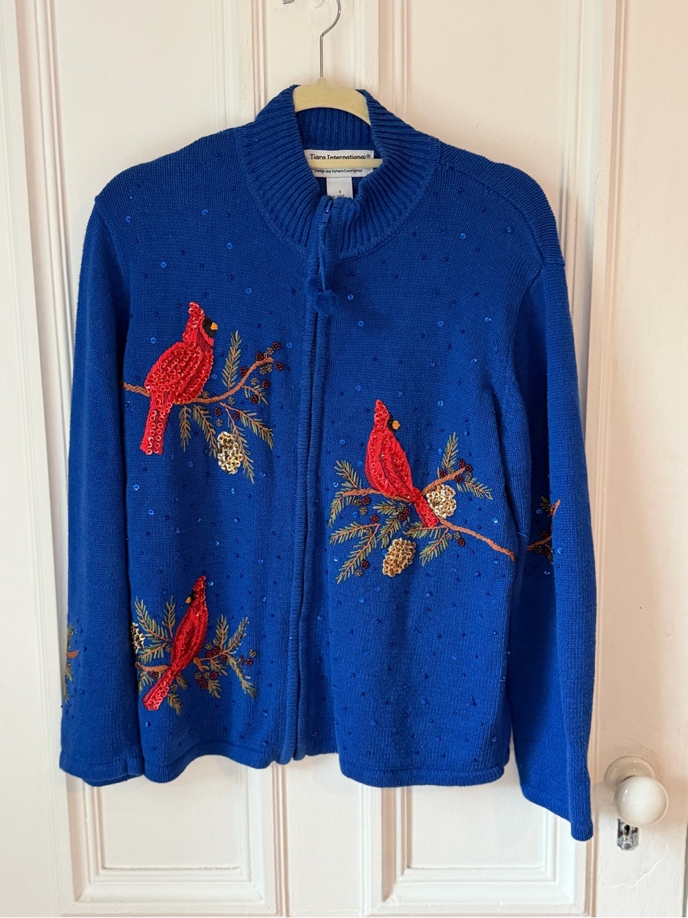Vintage Tiara International Beaded Zip Up Cardinal Christmas/Holiday Jacket S